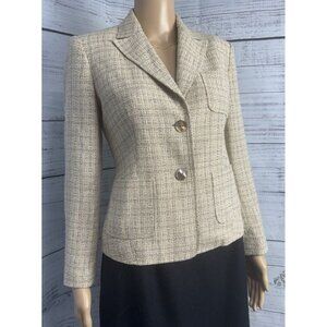 Talbots Petites Sz2‎ Linen Blend Tweed Blazer Jacket 2 Button Cream Tan Gold EUC